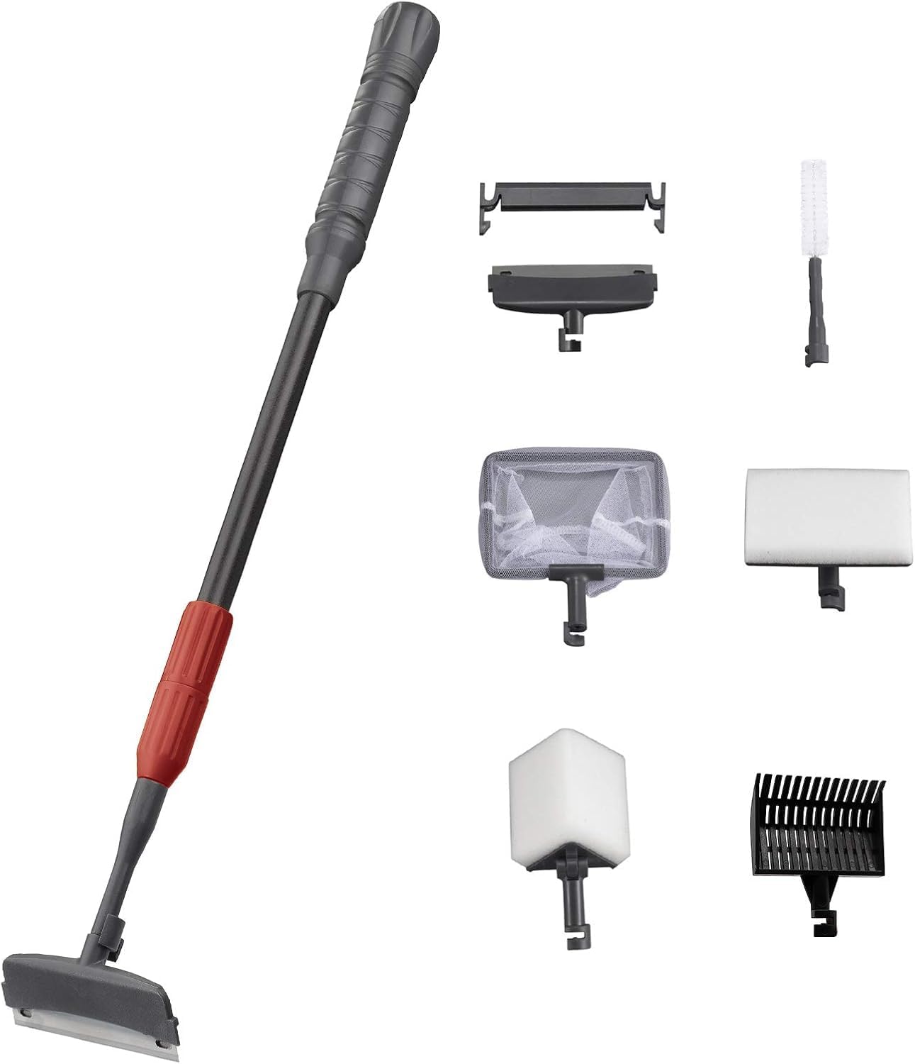 UPETTOOLS Aquarium Cleaning Tool 6-in-1, Adjustable 3.2 ft Handle, Algae Scraper, Brush, Sponge & Net