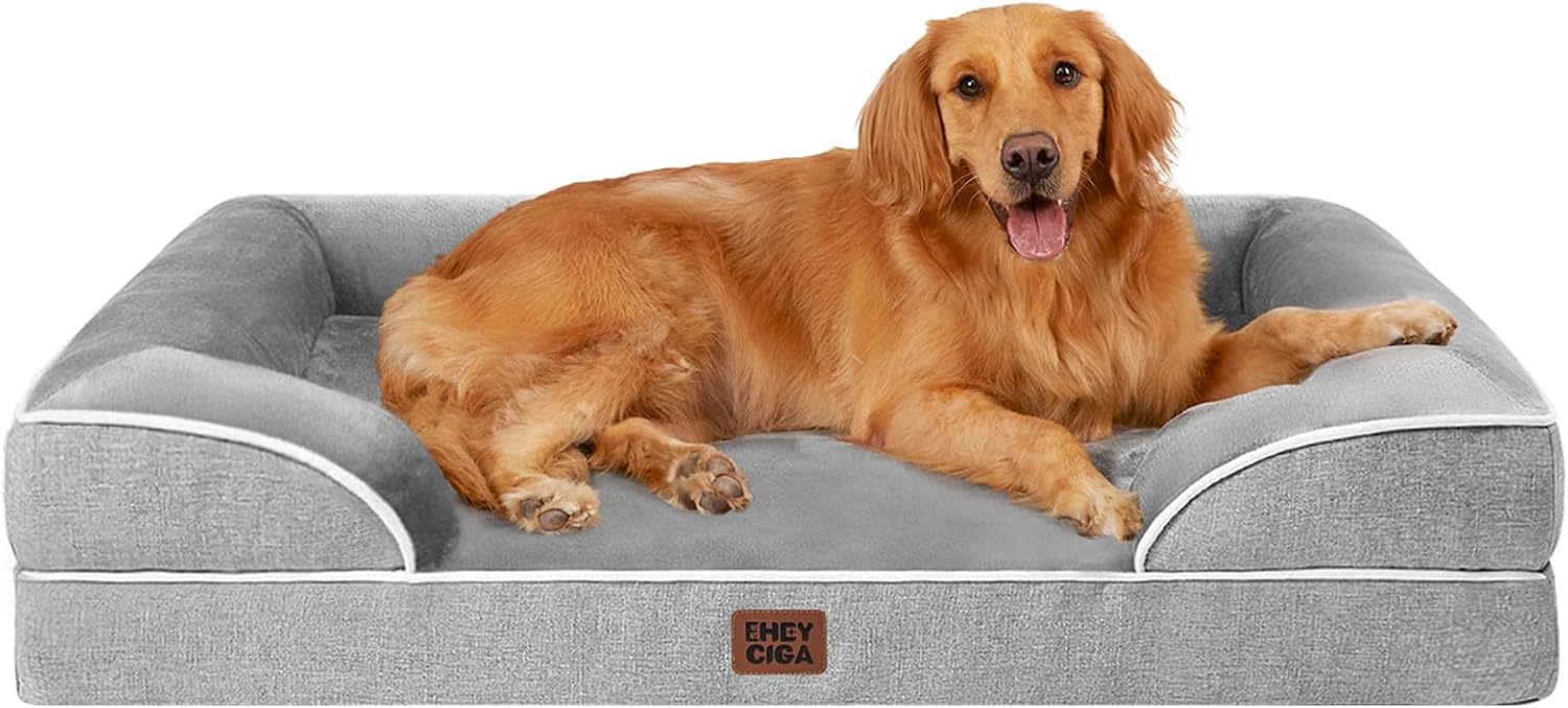 EHEYCIGA Orthopedic Extra Large Dog Bed with 3-Sided Bolsters – Washable Cover, XL 44"