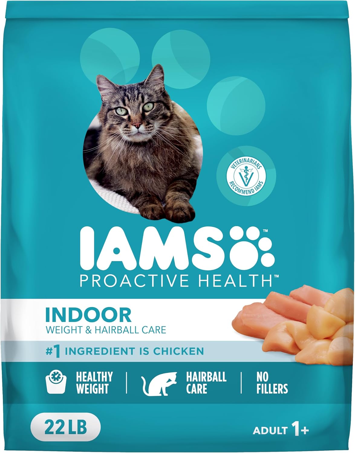 IAMS Proactive Health Indoor Dry Cat Food, Chicken, 22 lb – Real Chicken #1 Ingredient, Hairball Control & Prebiotics