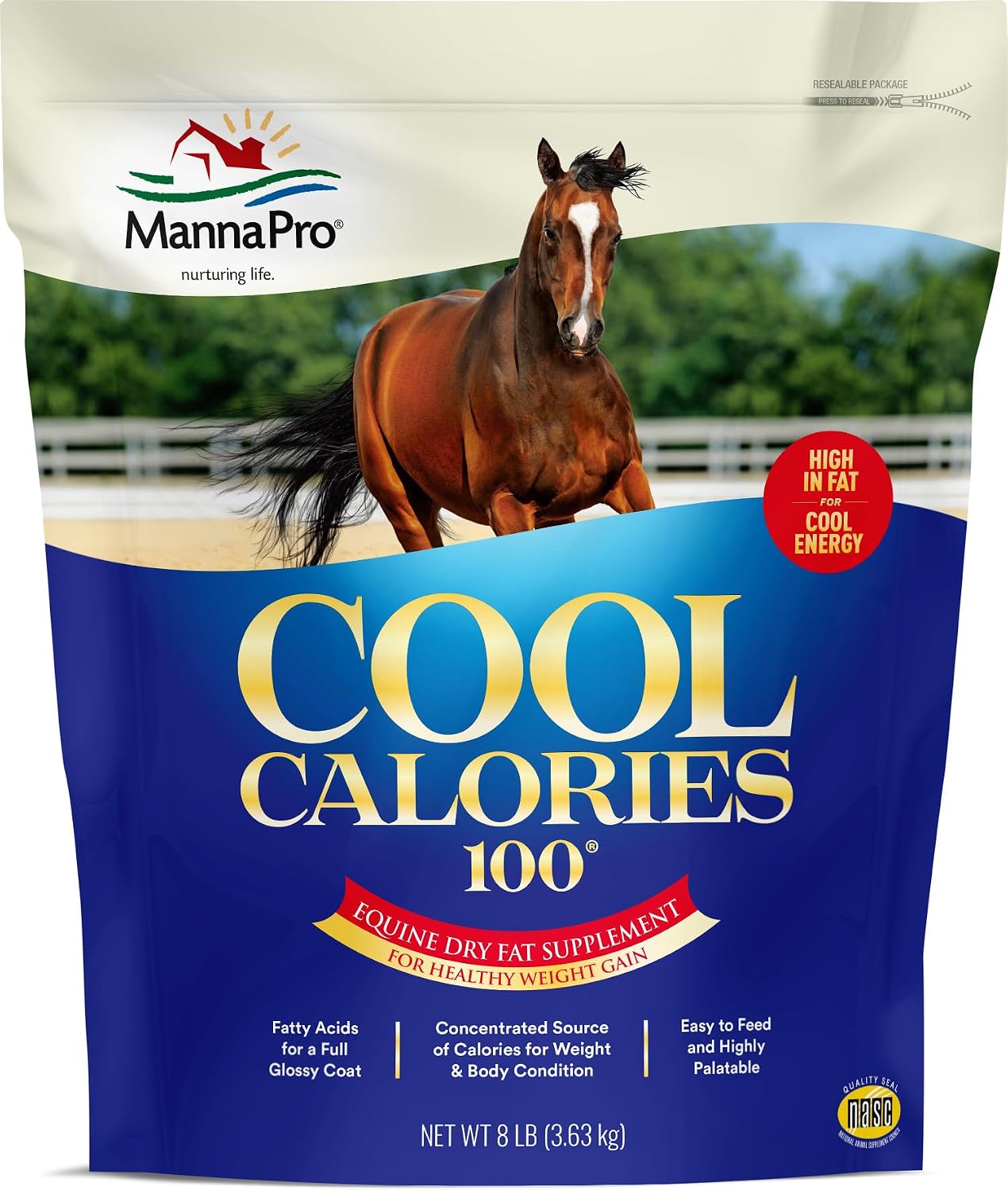 Manna Pro Cool Calories 100 Horse Supplement, High-Calorie, 8 lb Bag | High-Calorie Dry Fat Supplement.