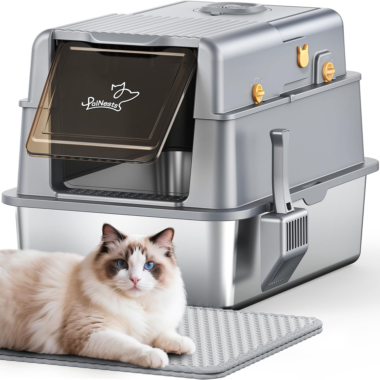 PalNests Stainless Steel Enclosed Litter Box Extra Large – Odor Control, Anti-Leak, with Scoop & Mat