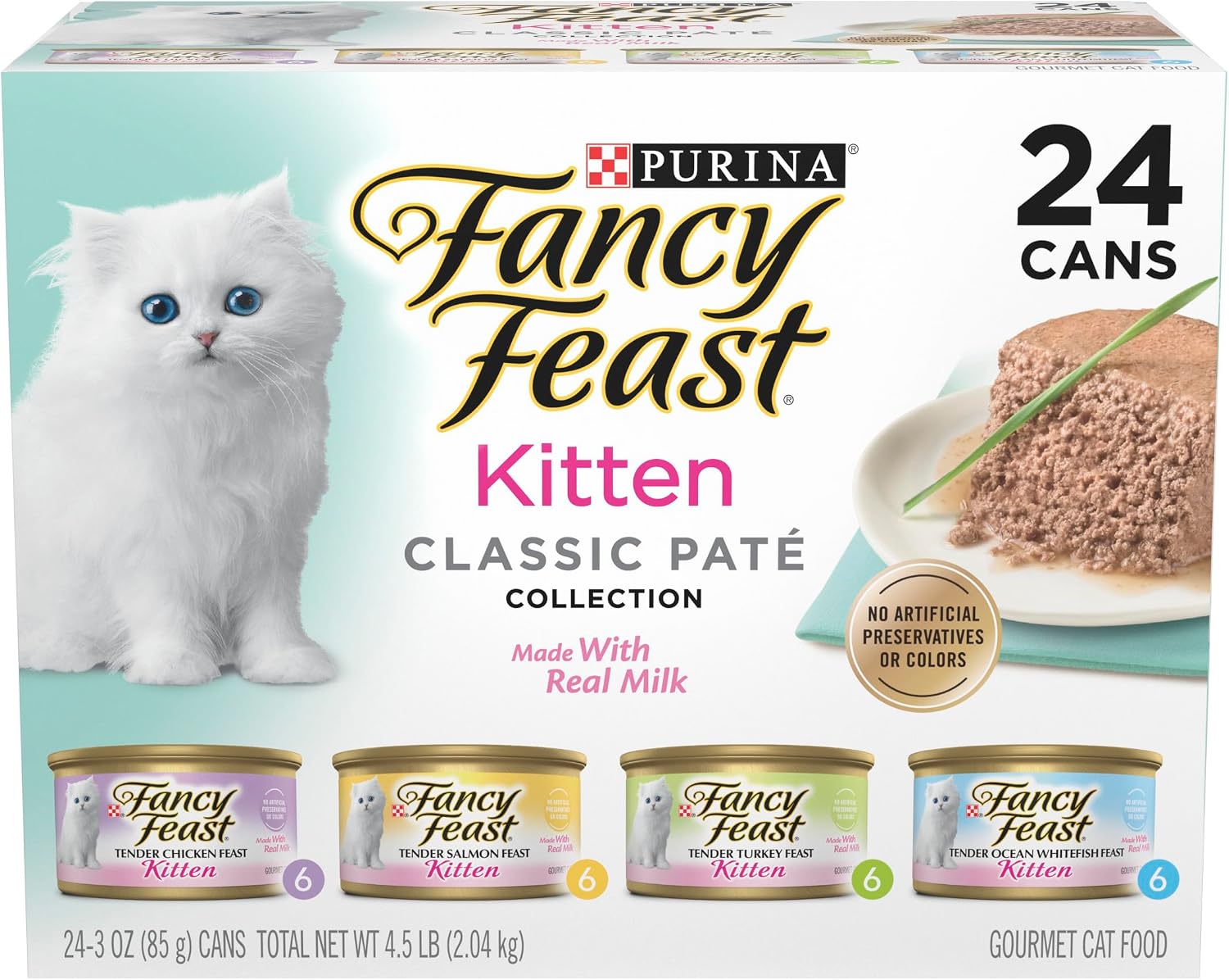 Purina Fancy Feast Wet Kitten Food Variety Pack, 3 oz Cans, 24-Pack – Ocean Whitefish, Turkey, Chicken or Salmon