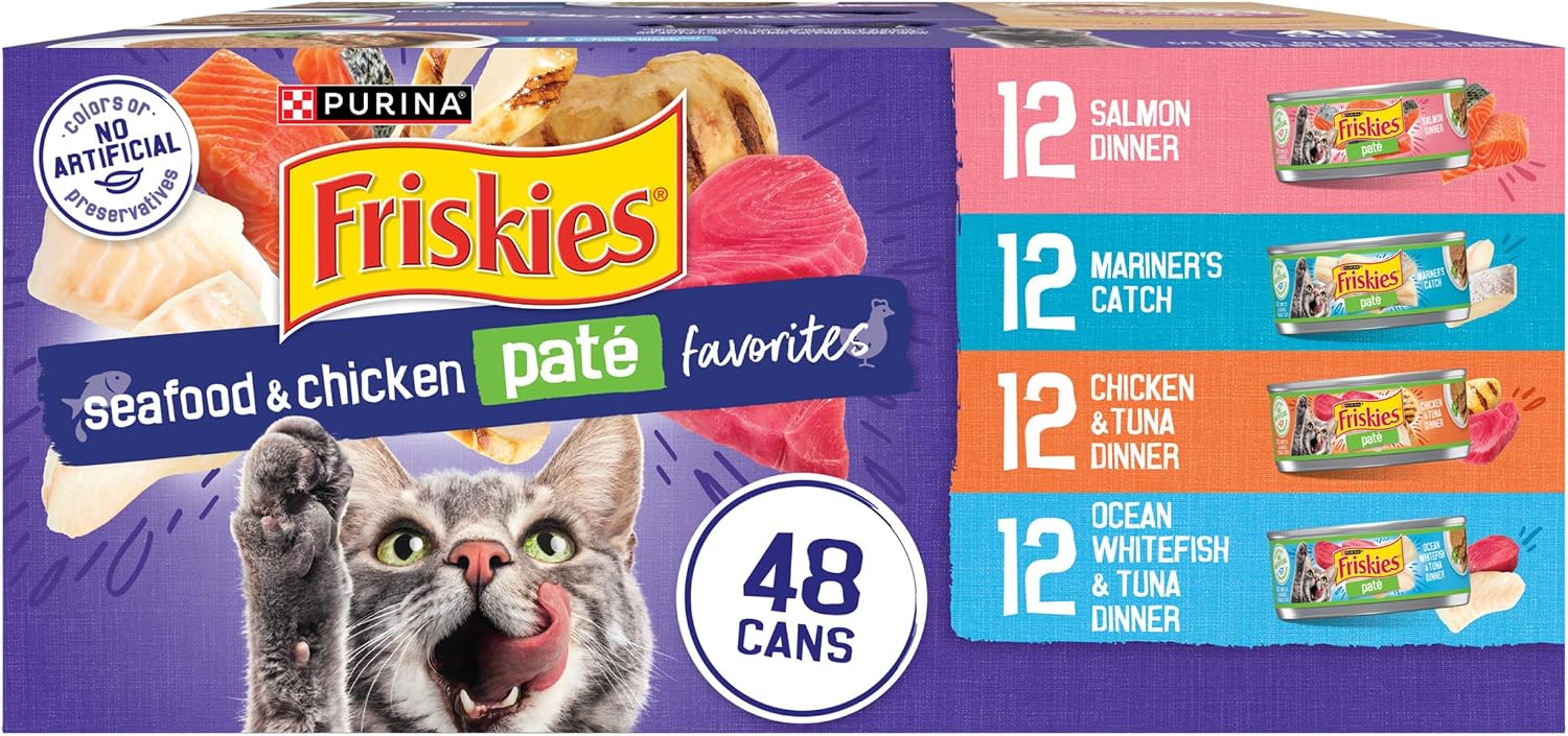 Purina Friskies Pâté Variety Pack – Seafood & Chicken Cat Food, 48 Cans, 5.5 oz