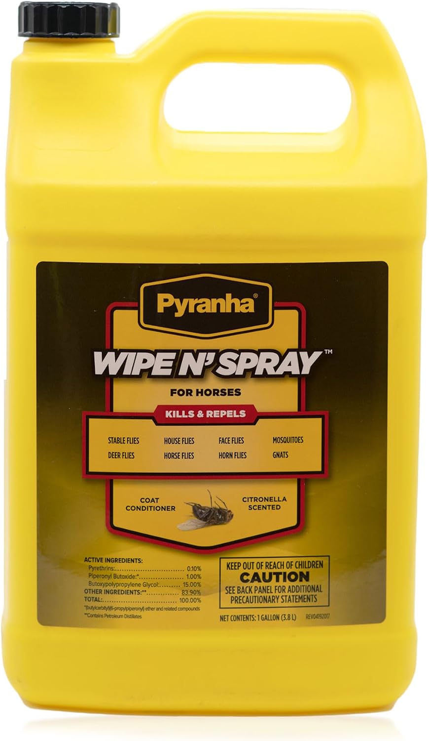 PYRANHA Wipe N' Spray for Horses - Oil-Based Long Lasting Fly Control Repels Horn, Deer, Horse, House, Stable, & Face Flies, Ticks, Mites, Mosquitoes, Gnats & Lice, 1 Gallon.