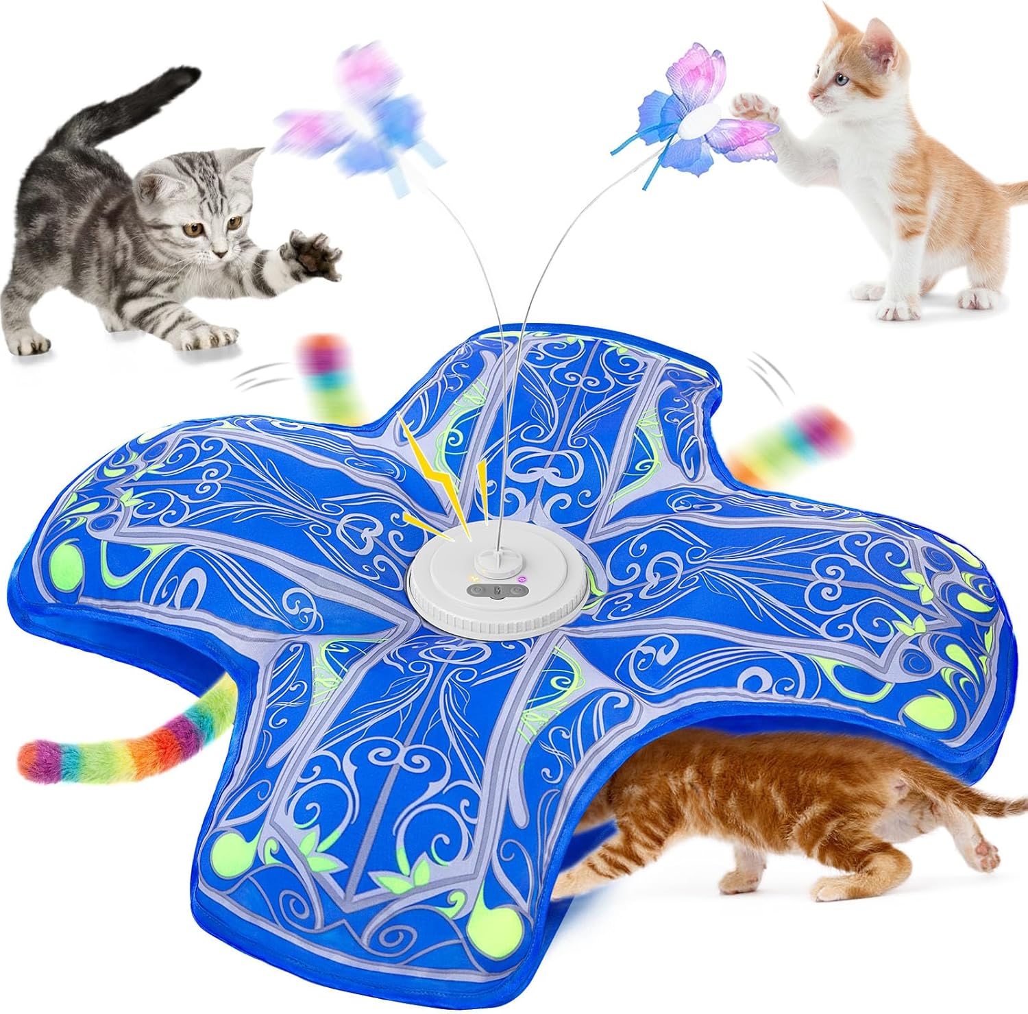 Qraxond Automatic Interactive Cat Toy – Dual Motor Butterfly & Plush Tail with Bird Sounds for Indoor Cats