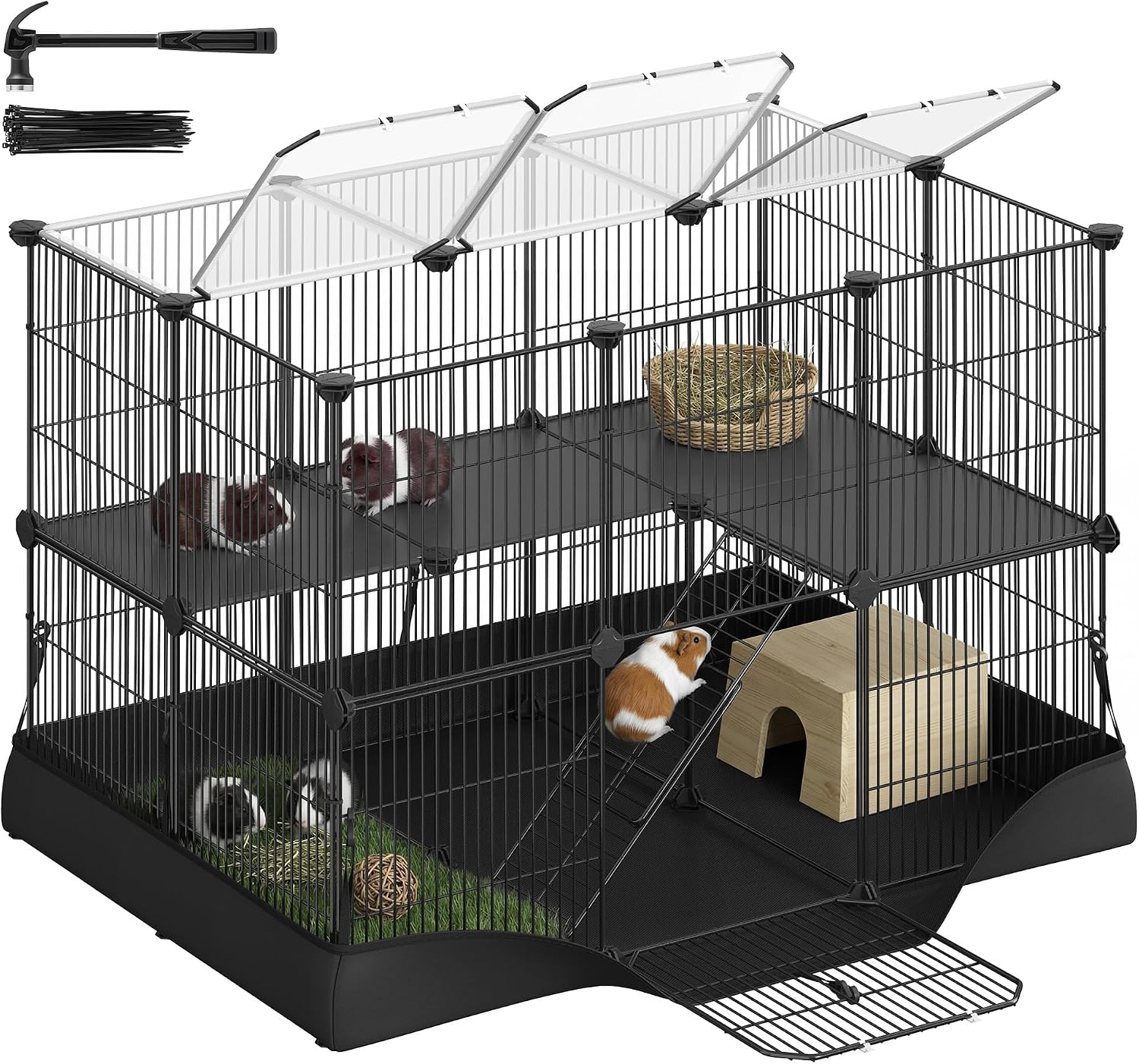 SONGMICS 2-Tier Small Animal Playpen with Waterproof Mat – 36.6" x 24.8" x 24.2", Top & Side Doors