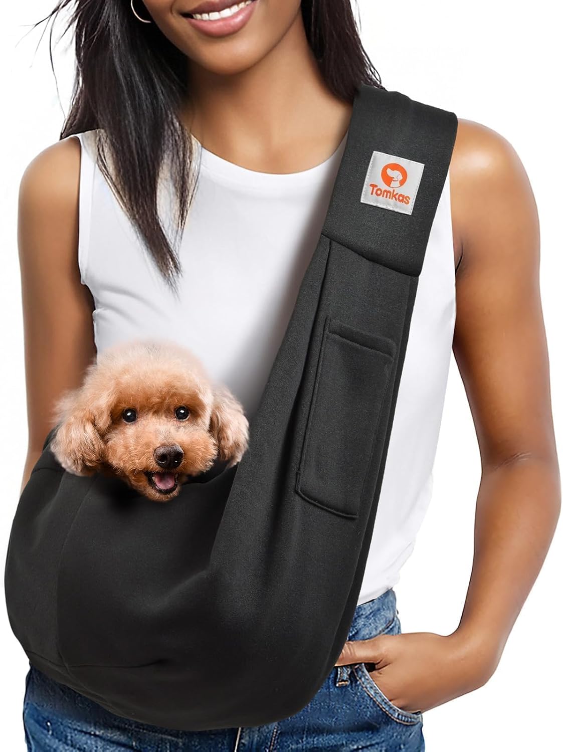 Tomkas Small Dog Sling Carrier – Classic Pocket & Strap, Black, for 3–10 lb Pets