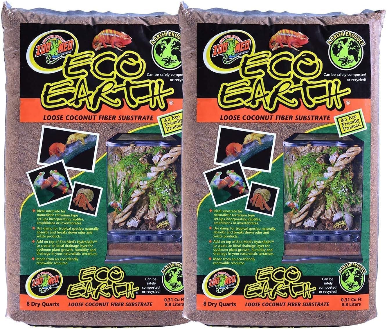 Zoo Med Eco Earth All-Natural Loose Coconut Fiber, Safely Composted, Tropical Substrate for Reptiles (8 Quarts, 2-Pack).