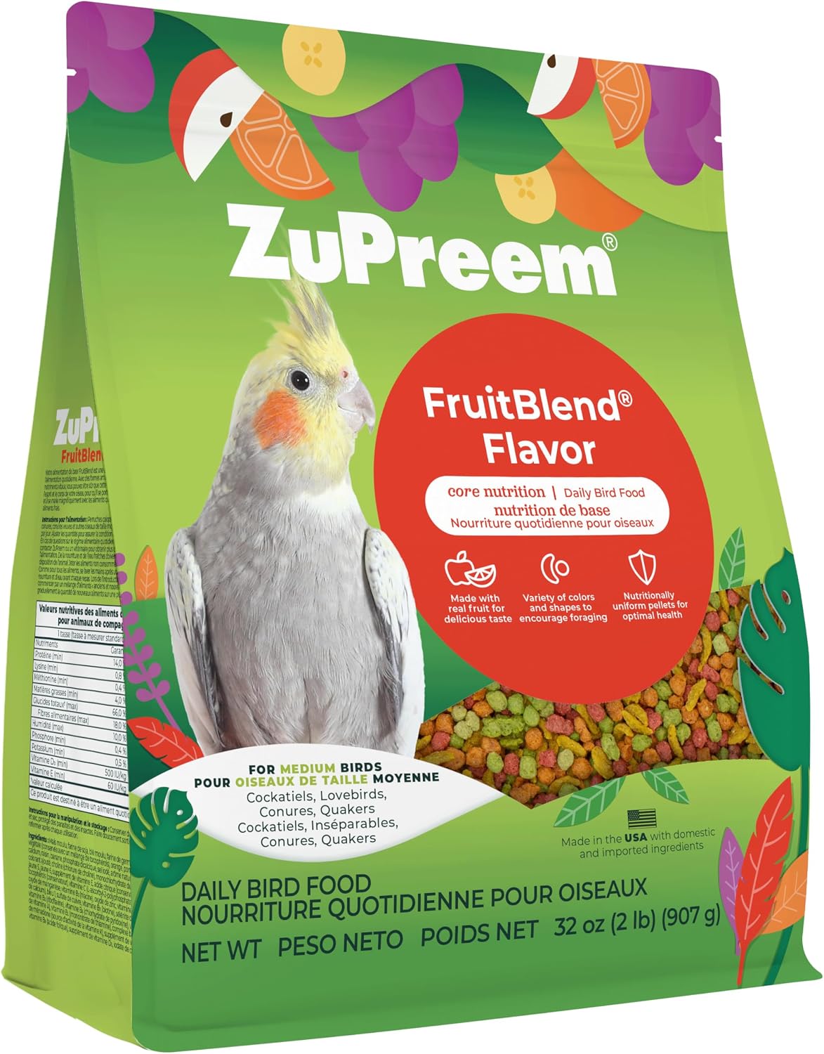 ZuPreem FruitBlend Cockatiel & Conure Food, Uniform Bird Food, M, 2 lb | Bird Food Pellets, Real Fruit, Blend, Cockatiel Food, Conures, Lovebirds, Love Bird Pellets, Quaker, Parrot, Medium Birds.